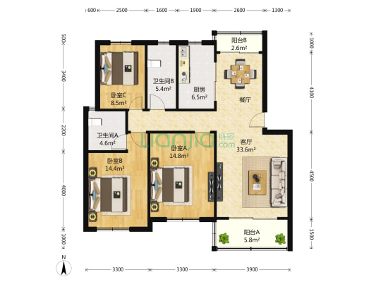 宝虹家园 3室1厅2卫 117平方