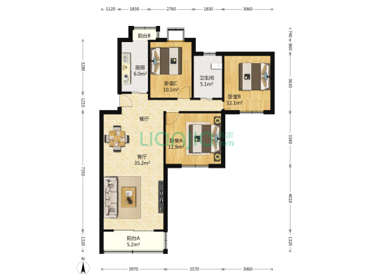 翔殷心秀 3室2厅1卫 117平方