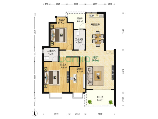 金海雅苑南区 3室1厅2卫 111平方