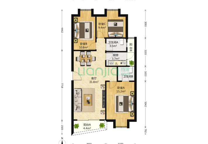 嘉园3室1厅2卫 103㎡ 户型