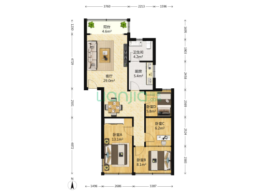 东昌路4号公交综合楼 4室1厅1卫 86平方