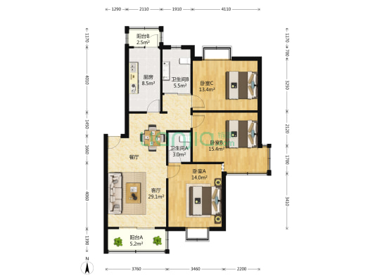 逸居苑 3室1厅2卫 104平方