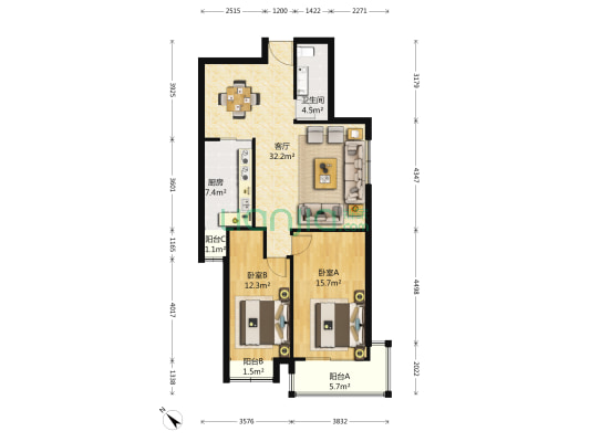 蓝山国际公寓 2室1厅1卫 242平方
