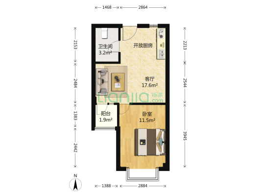 上城国际玫瑰苑 1室1厅1卫 49平方