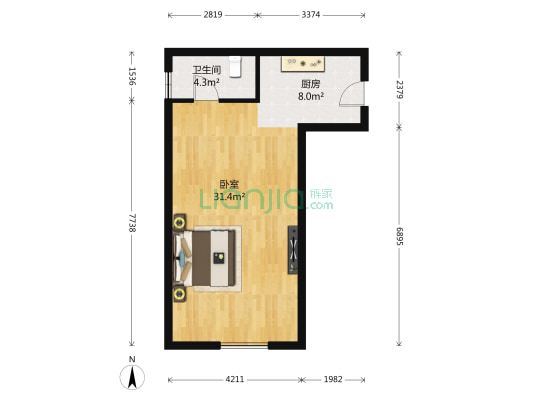 万达广场商务综合楼 1室0厅1卫 68平方