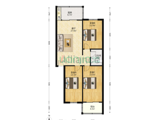 南北通透3居室，带地下室，干净整洁-户型图