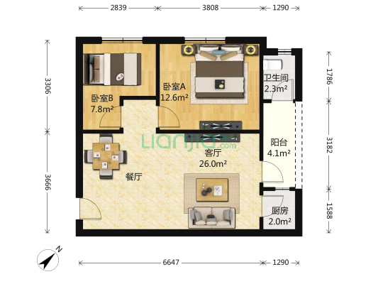 阳明公寓 2室2厅1卫 76平方