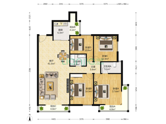 幸福家园一期 4室1厅2卫 179平方