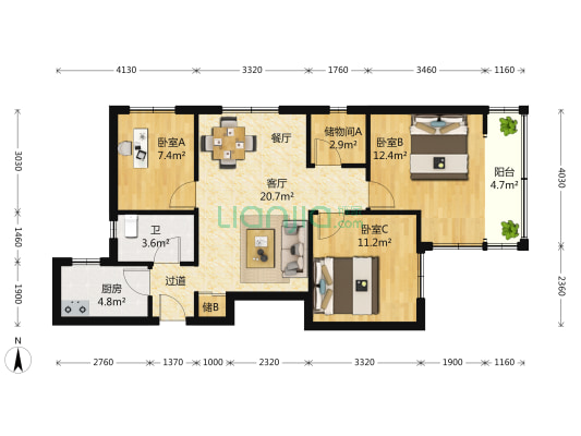 东航公寓 3室2厅1卫 101平方