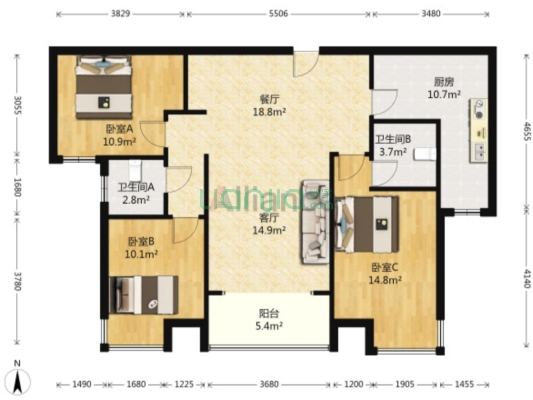 金品时代 3室2厅 南-户型图