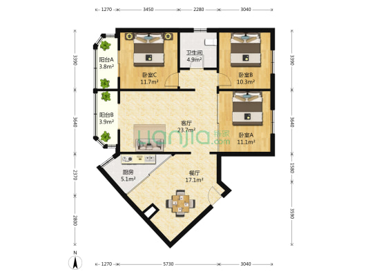 精文公寓 3室2厅1卫 133平方