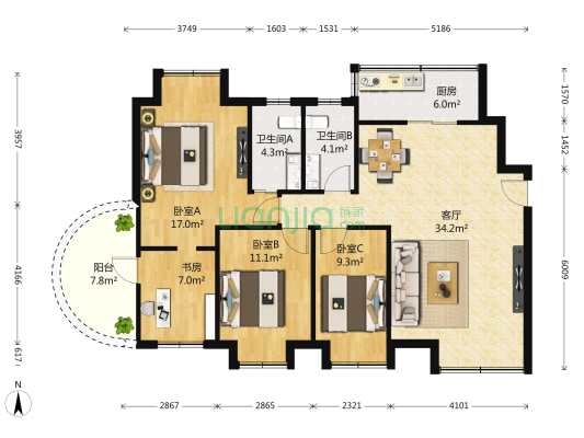 鸿运阁 4室1厅2卫 118平方