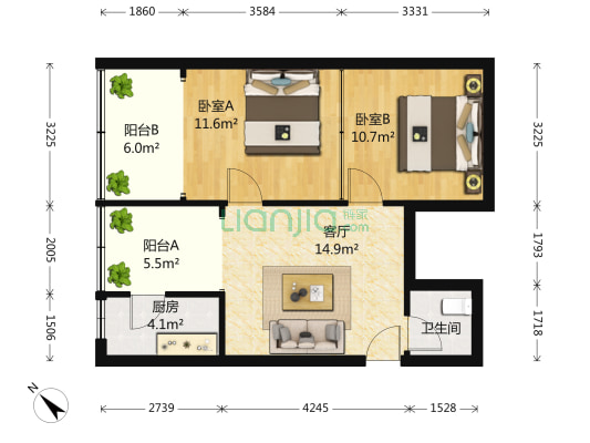 红牌楼北街14号 2室1厅1卫 71平方