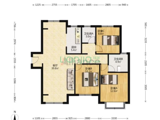 鸿坤理想尔湾 南北通透三居 采光好 无遮挡-户型图