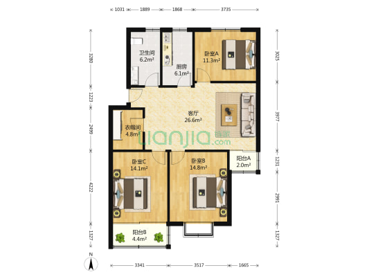 新兴花苑 3室1厅1卫 117平方