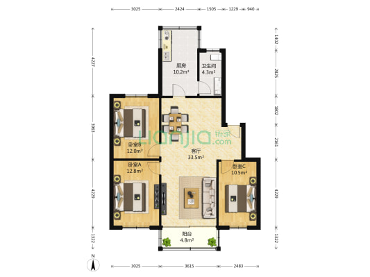 珠泉花园 3室1厅1卫 107平方