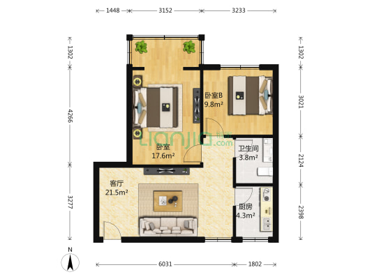 玉虹巷2号 2室1厅1卫 77平方