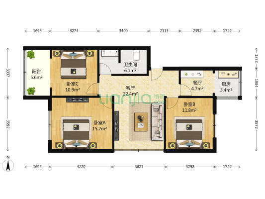 长信公寓 3室2厅1卫 100平方