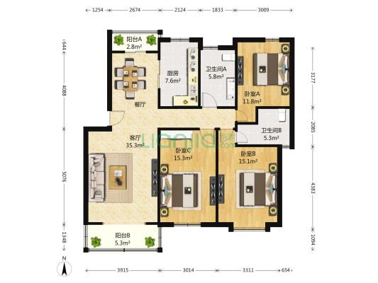 老街绿地郑东新苑一期 3室1厅2卫 129平方