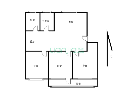 房屋简单装修3室2厅一厨一卫 ，房间宽敞-户型图