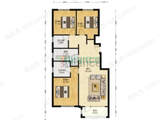 洋房南北通透三居室，中间楼层，诚心出售，价格可议-户型图
