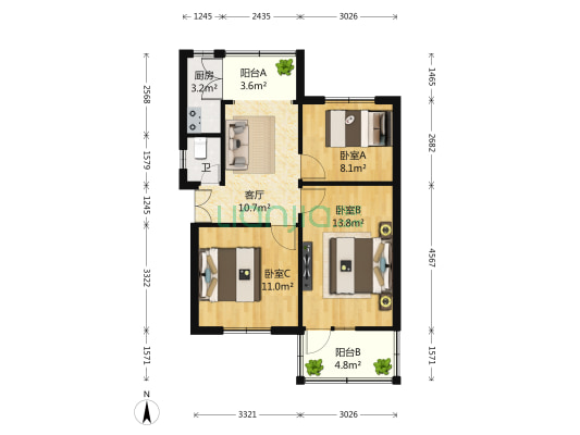 玉林横街23号院 3室1厅1卫 69平方