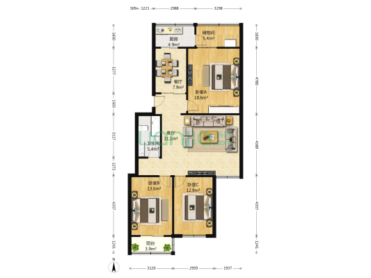 温庄子家园 3室2厅1卫 124平方