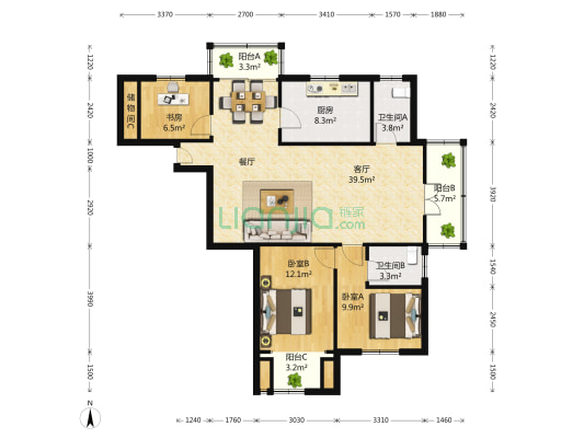 上钞银杏苑 3室2厅2卫 136平方