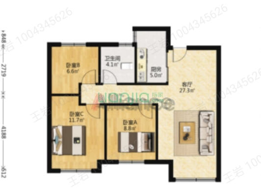 南北通透三居室 精装修 采光视野好 配套齐全-户型图