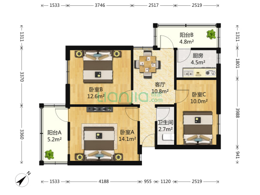 长江委酒宝荡小区 3室1厅1卫 78平方