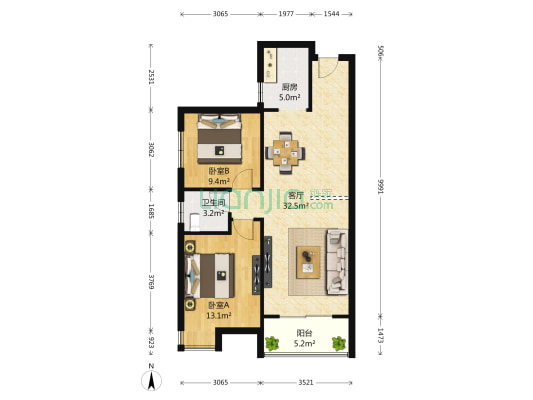 现代城三区 2室1厅1卫 94平方