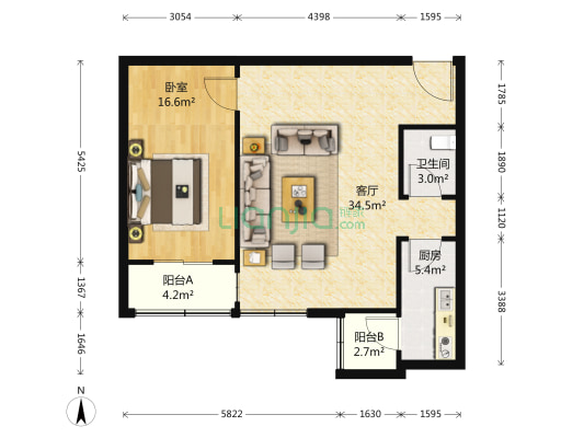 高楼层不临街没遮挡，采光好，全南向一居室