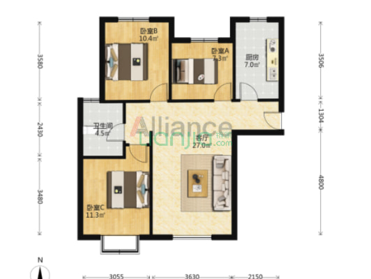 急售三利南北向小三居，采光好，价格美丽-户型图