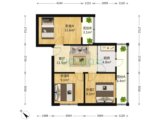 红石柱横街9号 3室1厅0卫 74平方
