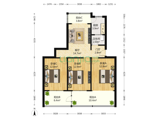 百花西街4号 3室1厅1卫 86平方