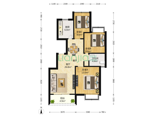 新城盛景园B区 3室2厅1卫 88平方