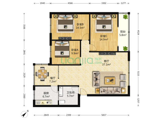 双建公寓 3室2厅1卫 118平方