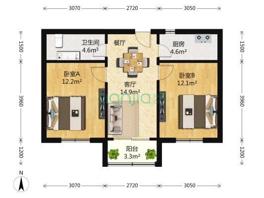 西郊公寓龙柏一村北区 2室2厅1卫 60平方