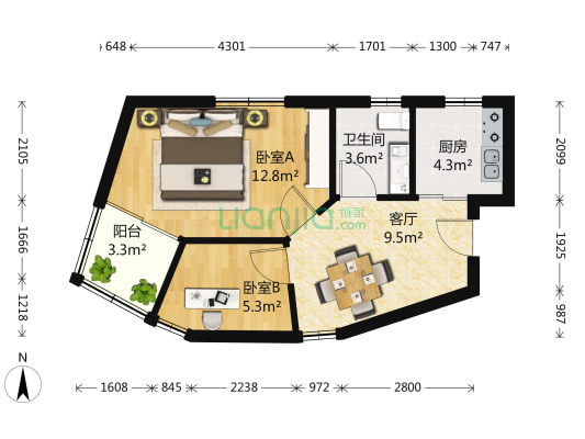 鸿邺大厦 2室1厅1卫 60平方