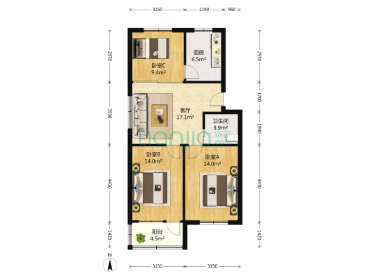 鸿宝新村 3室1厅1卫 88平方