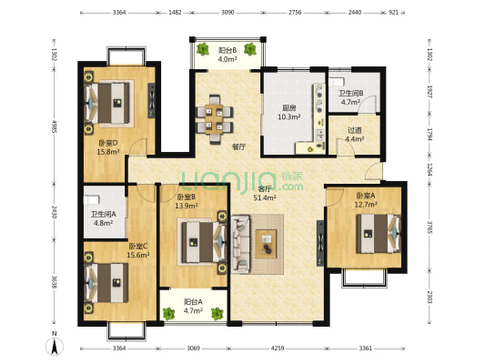 开元公寓 4室1厅2卫 195平方