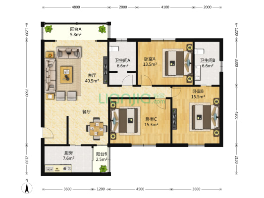 仁达公寓 3室2厅2卫 146平方
