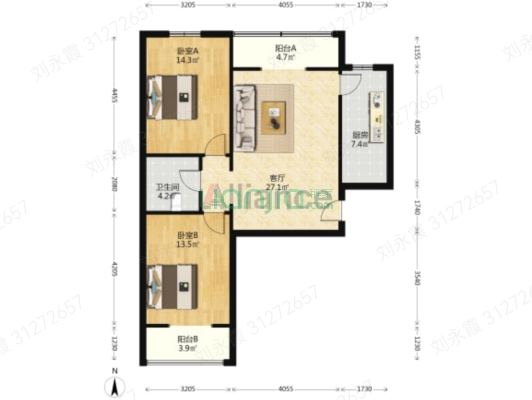 水岸花城 2室2厅 南 北-户型图