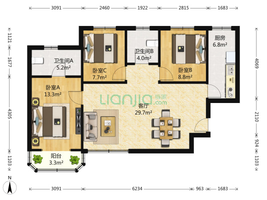 滨海花园 3室1厅2卫 117平方