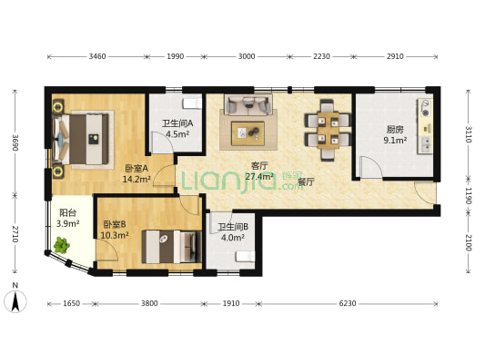 福苑大厦 2室2厅2卫 110平方