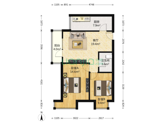 名流印象四五期 2室1厅1卫 83平方