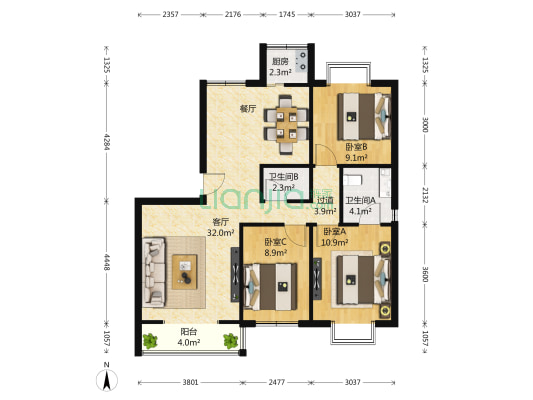 龙德园 3室1厅2卫 116平方