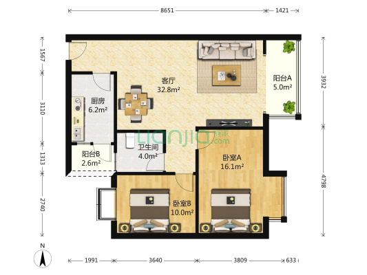 千禧花园 2室1厅1卫 94平方