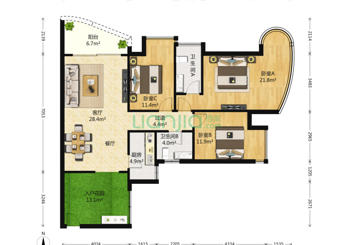 名家富居 3室1厅2卫 121㎡ 户型(深圳链家网)