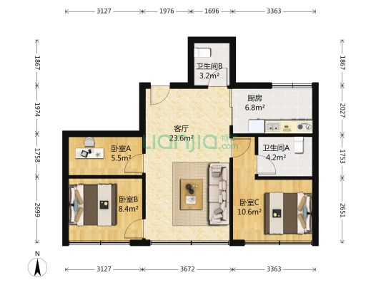 惠心公寓 3室1厅2卫 102平方